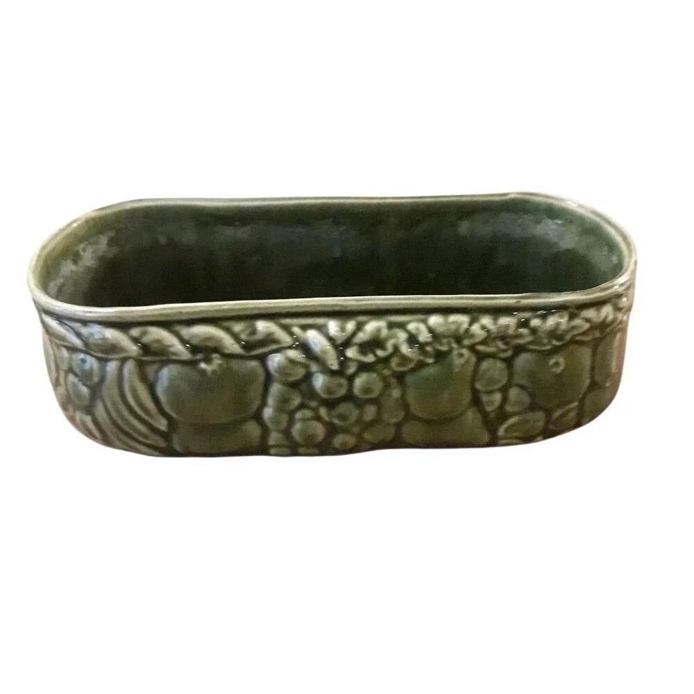 Vintage Green Ceramic Pottery Planter Raised Fruit Motif Mid Century Modern